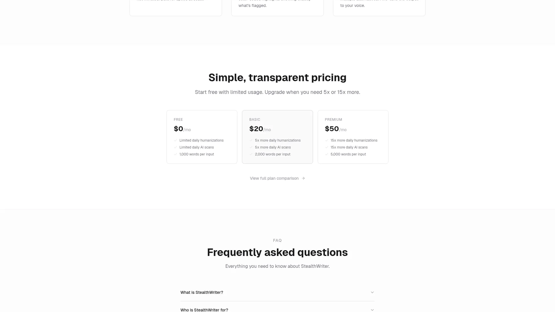 Stealthwriter Review - Pricing Screenshot