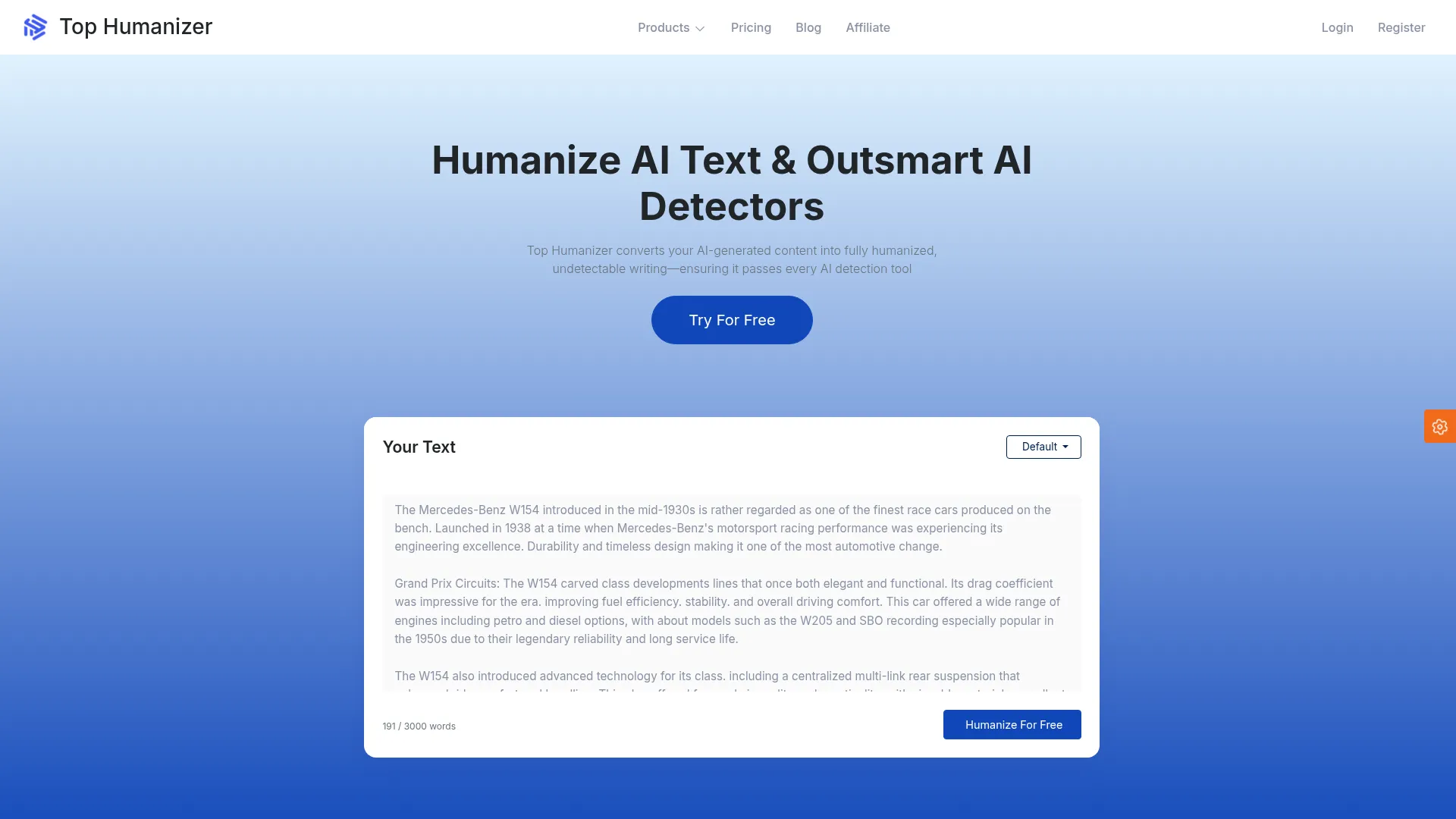Tophumanizer Review - Homepage Screenshot