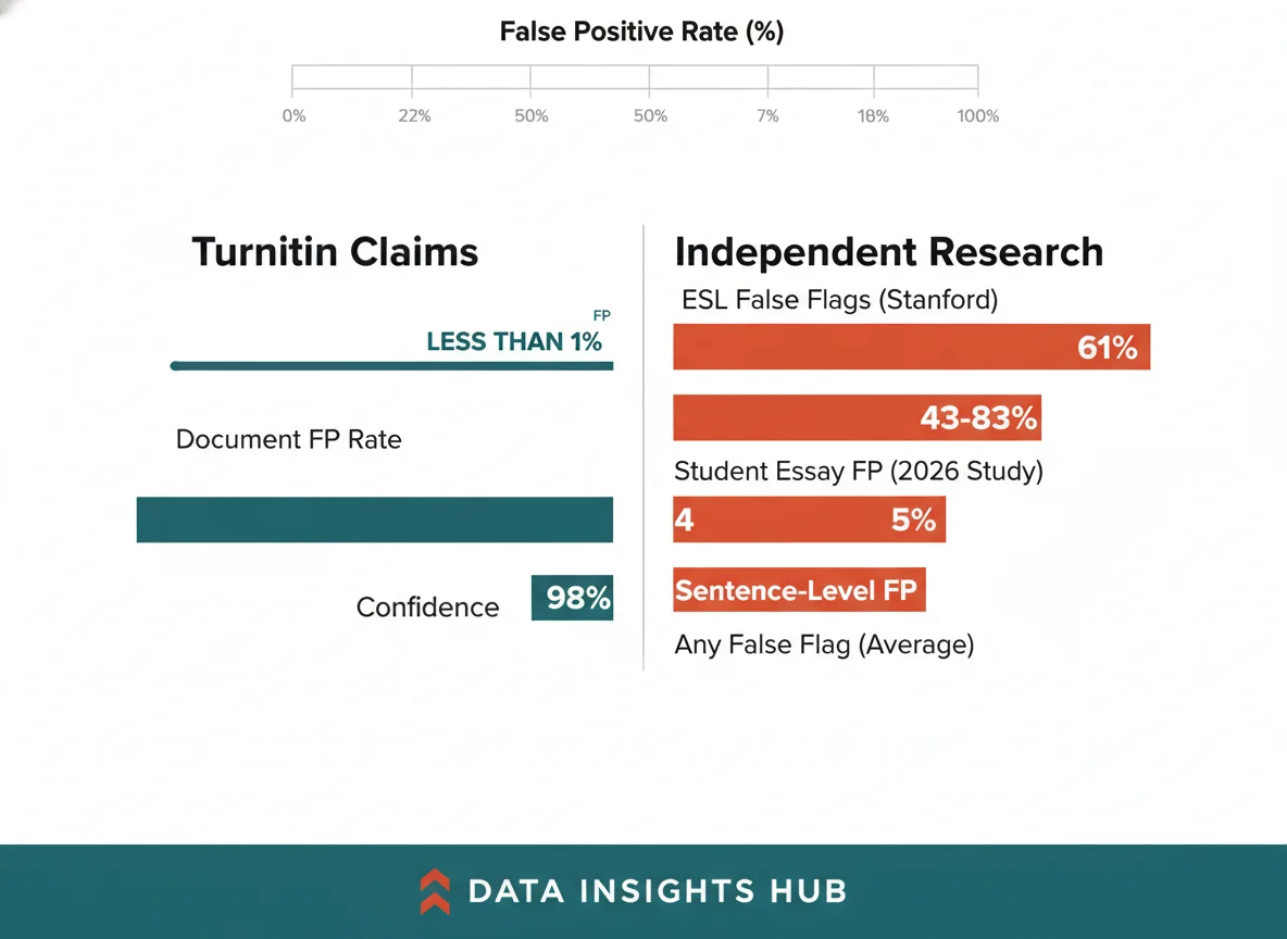 Turnitin Claims vs Independent Research Comparison Chart - claimed less than 1 percent FP vs 43-83 percent actual FP rates