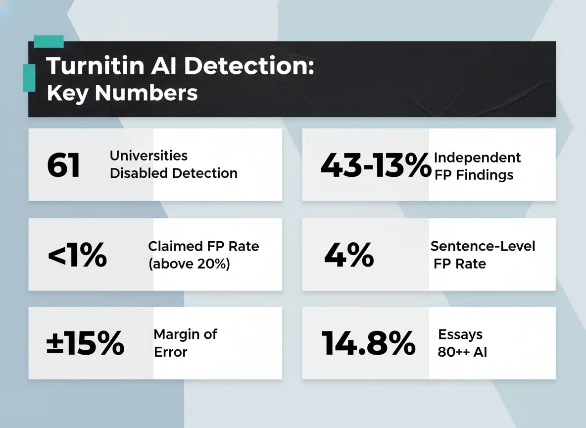 Turnitin AI Detection Key Statistics Infographic - 61 universities disabled, less than 1 percent claimed FP rate, 43-83 percent independent findings