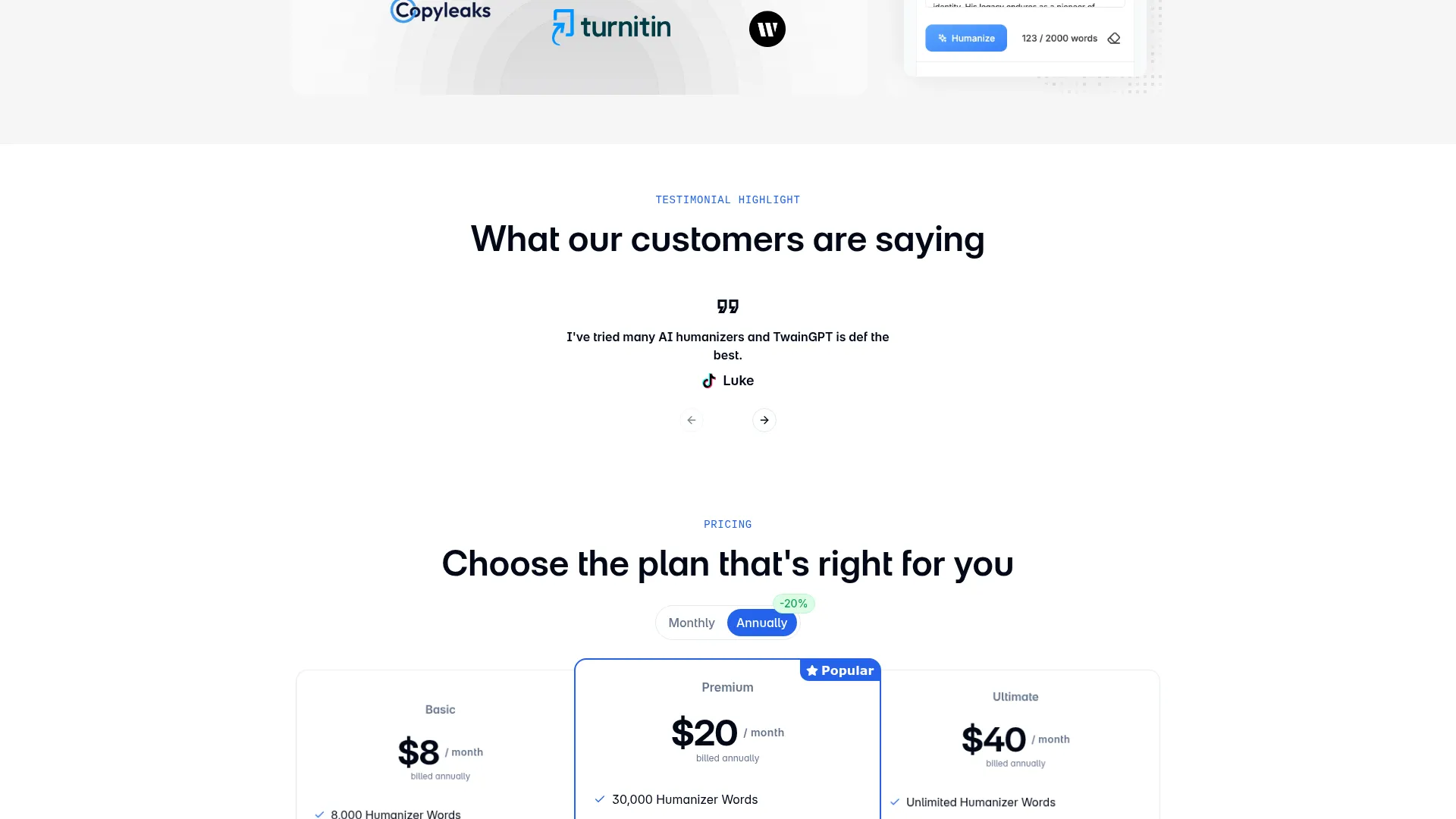 TwainGPT Review - Pricing Screenshot