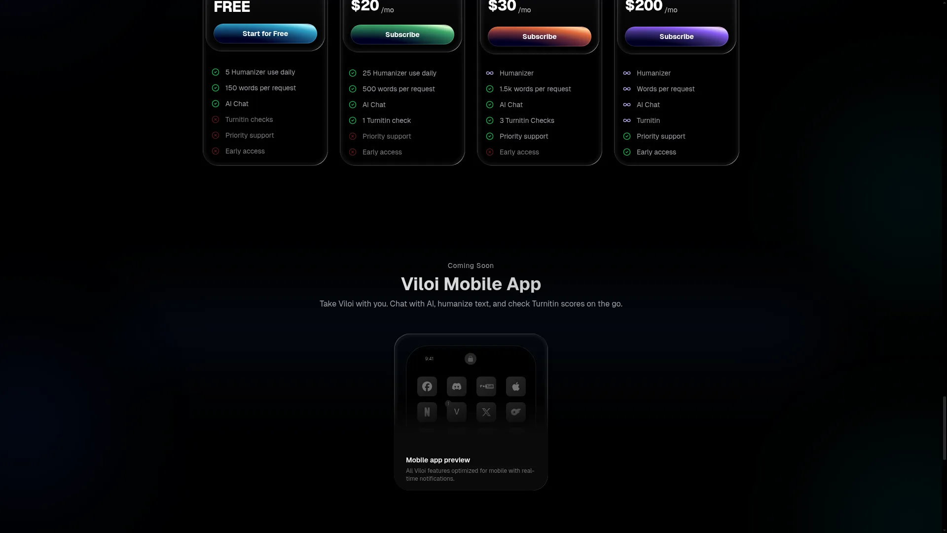 Viloi Review - Pricing Screenshot