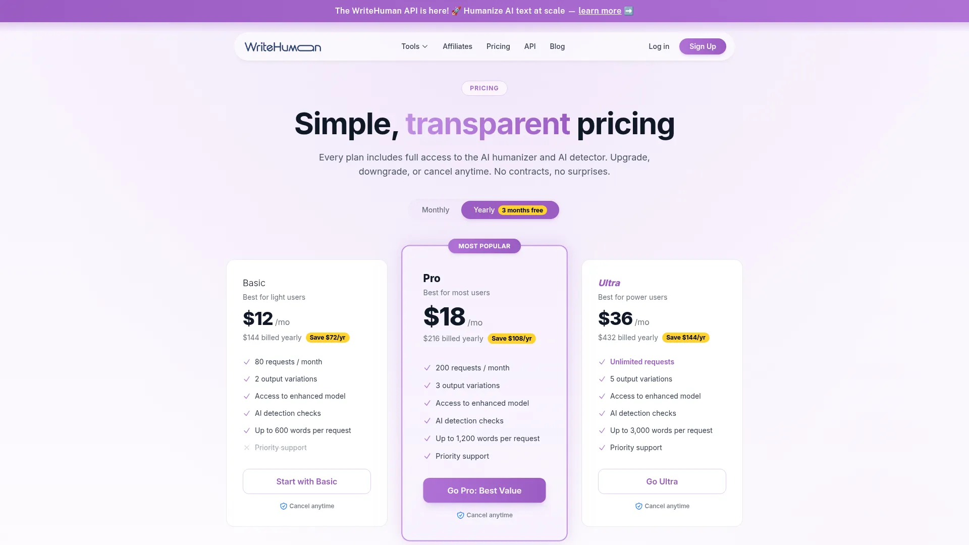 Writehuman Review - Pricing Screenshot