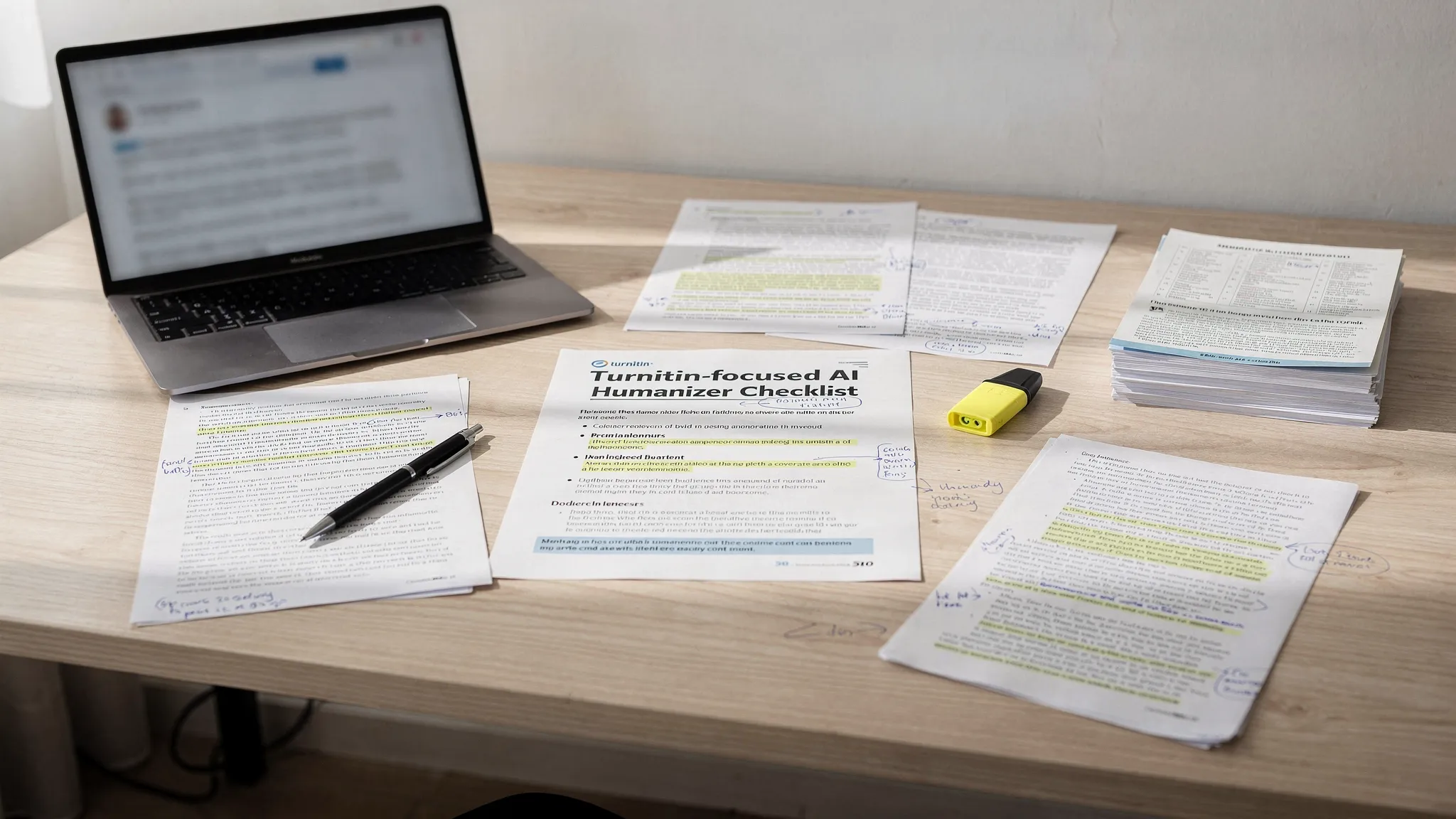 A desk with a printed Turnitin-focused AI humanizer checklist, handwritten notes, citations, and draft pages arranged for a careful review workflow.