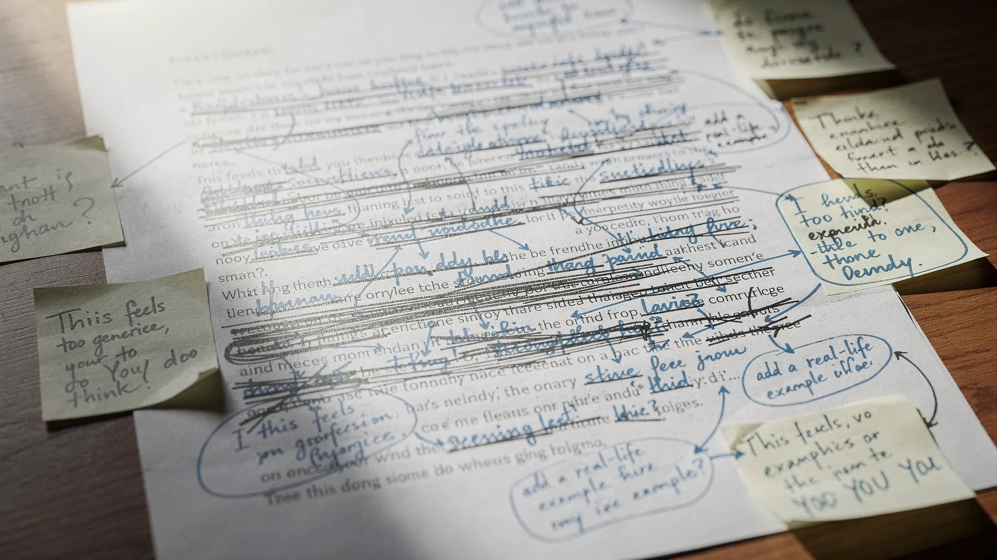 A printed draft covered with handwritten notes, crossed-out generic phrases, and margin comments that add specific examples and personal judgment to make the writing feel more human.