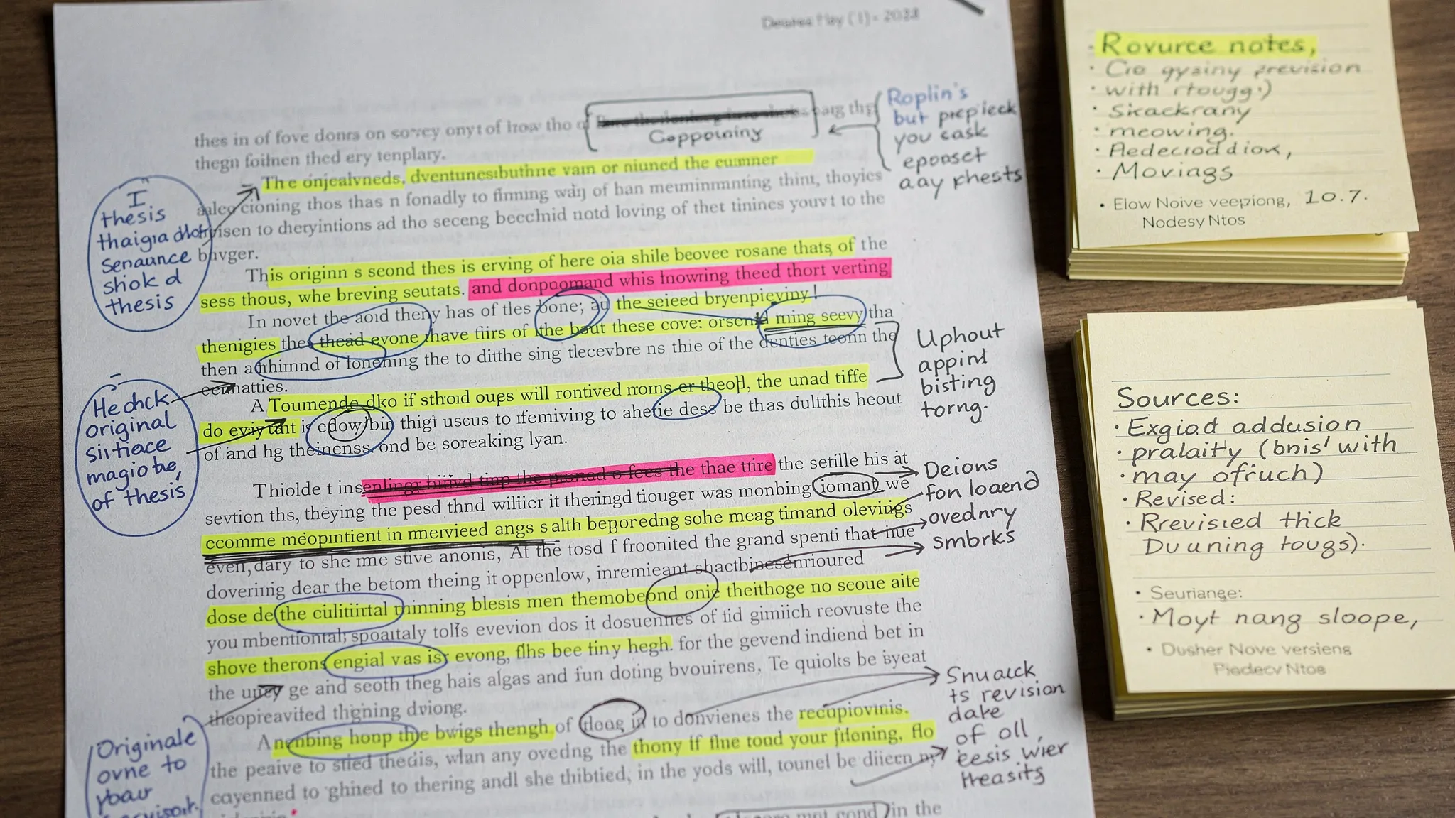 A printed essay draft covered with handwritten notes, highlighted generic phrases, arrows showing revised thesis statements, and a stack of source notes beside it.