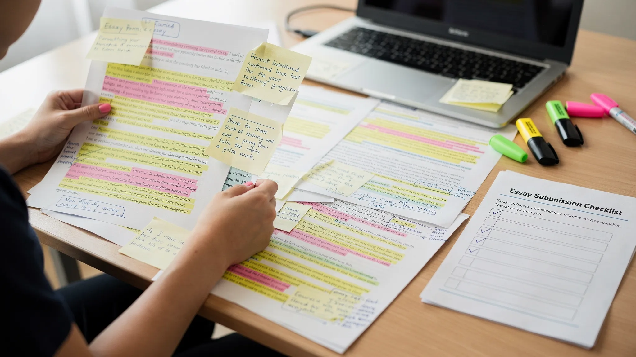 A student reviewing printed essay drafts with colored highlights, source notes, sticky notes, and a pre-submission checklist on a desk.