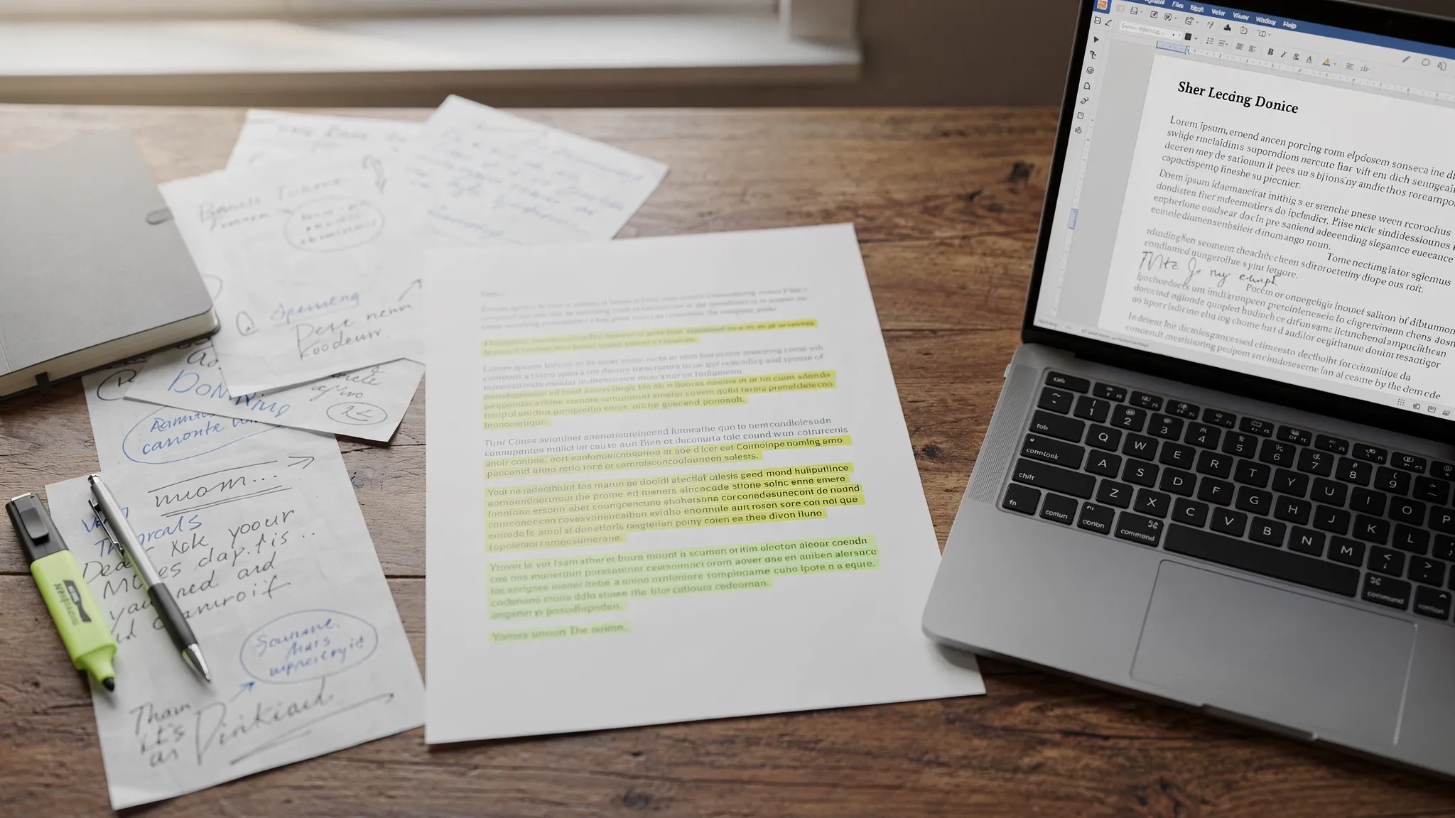 A table with a printed one-page essay, handwritten notes, highlighted paragraphs, and a laptop showing an essay draft on a correctly oriented screen, with no readable private text.