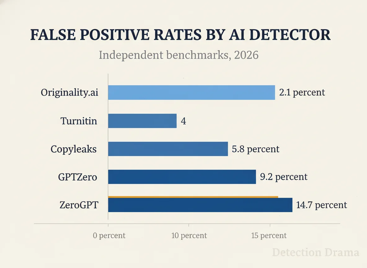 False positive rates by AI detector — independent benchmarks