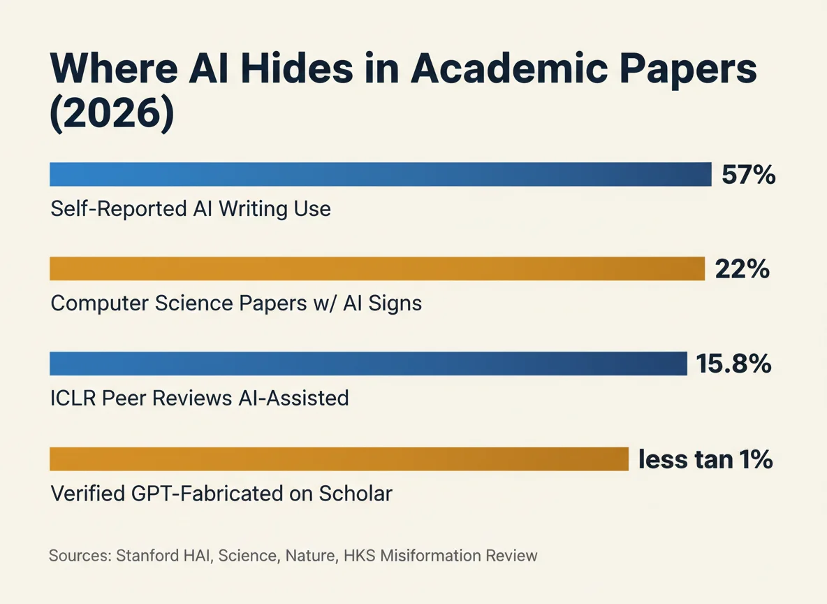 Where AI hides in academic papers 2026 horizontal bar chart comparing self-reported AI use computer science papers peer reviews and detected fabrications