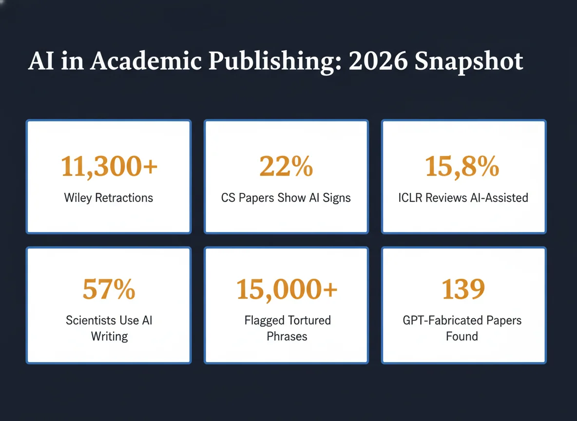 AI in academic publishing 2026 snapshot infographic showing six key statistics including Wiley retractions ChatGPT use and tortured phrases