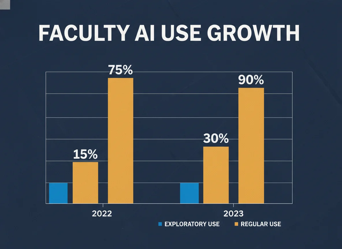 Bar chart showing faculty daily or weekly AI use jumping from 4% in 2023 to 30% in 2025 for instructors, and 2% to 40% for administrators