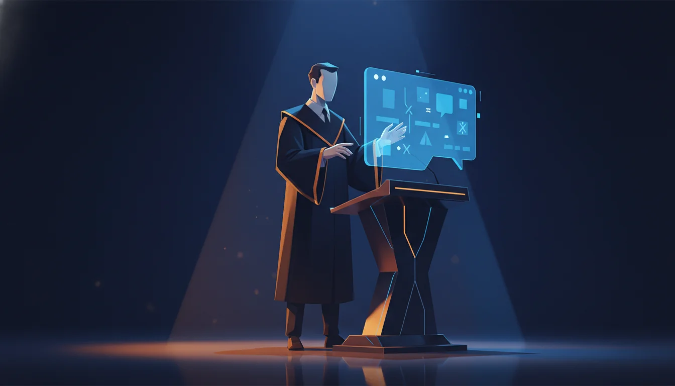 Editorial illustration of professor at podium with floating ChatGPT chat window and AI BANNED stamped student papers