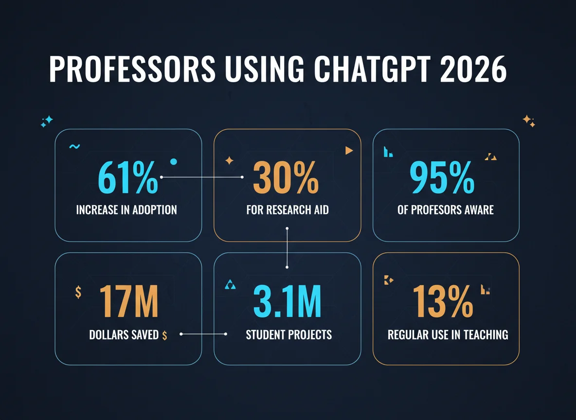 Six-card stat infographic summarizing 2026 professor ChatGPT statistics including 61%, 30%, 95%, $17M, $3.1M, and 13%