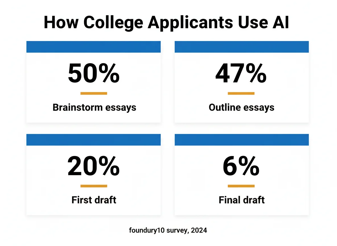 Bar chart showing how college applicants use AI on their essays: 50% brainstorm, 47% outline, 20% first draft, 6% final draft