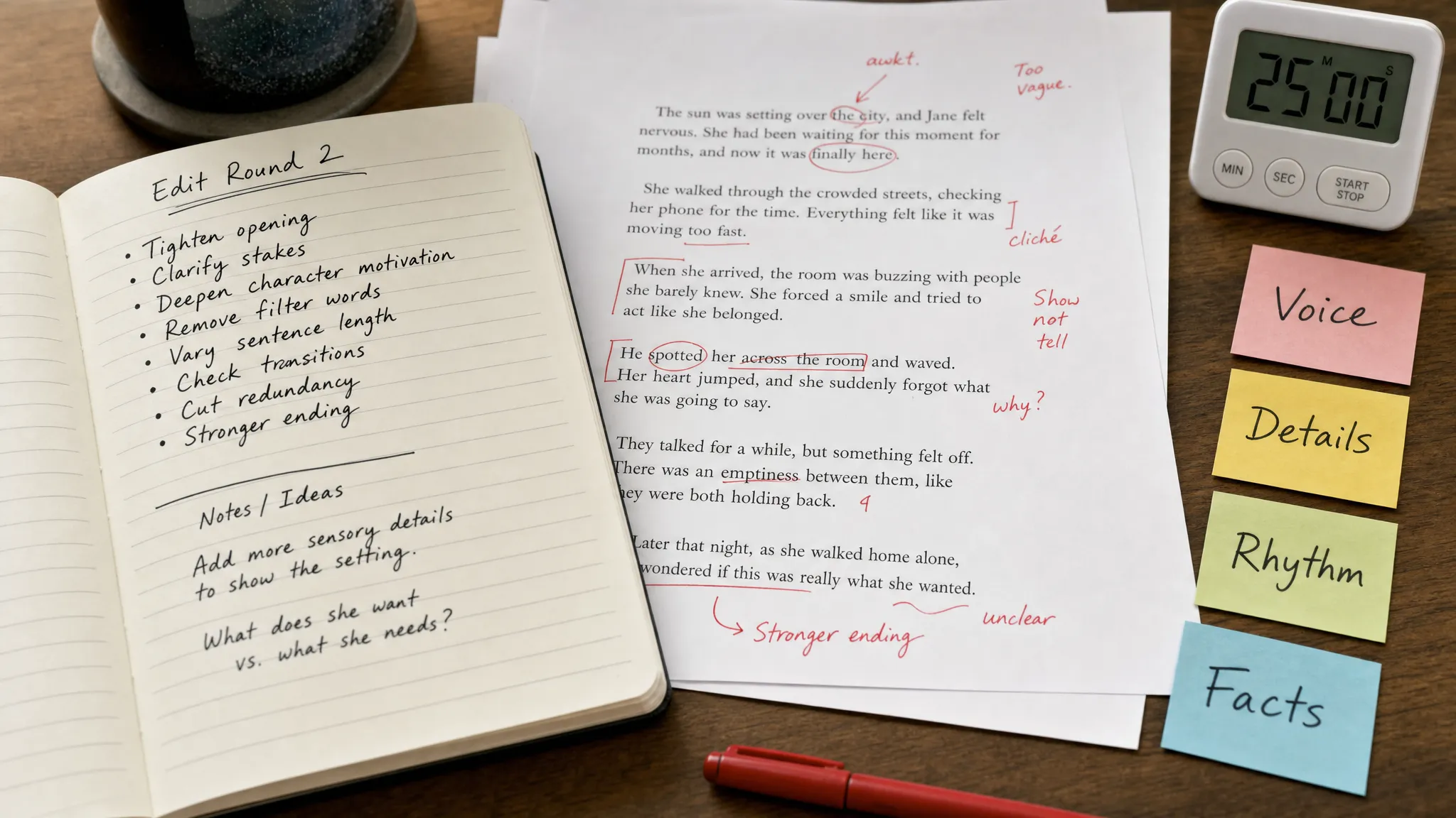 A close-up of a notebook page with handwritten editing notes, printed paragraphs marked with a red pen, a small timer, and sticky notes labeled voice, details, rhythm, and facts.