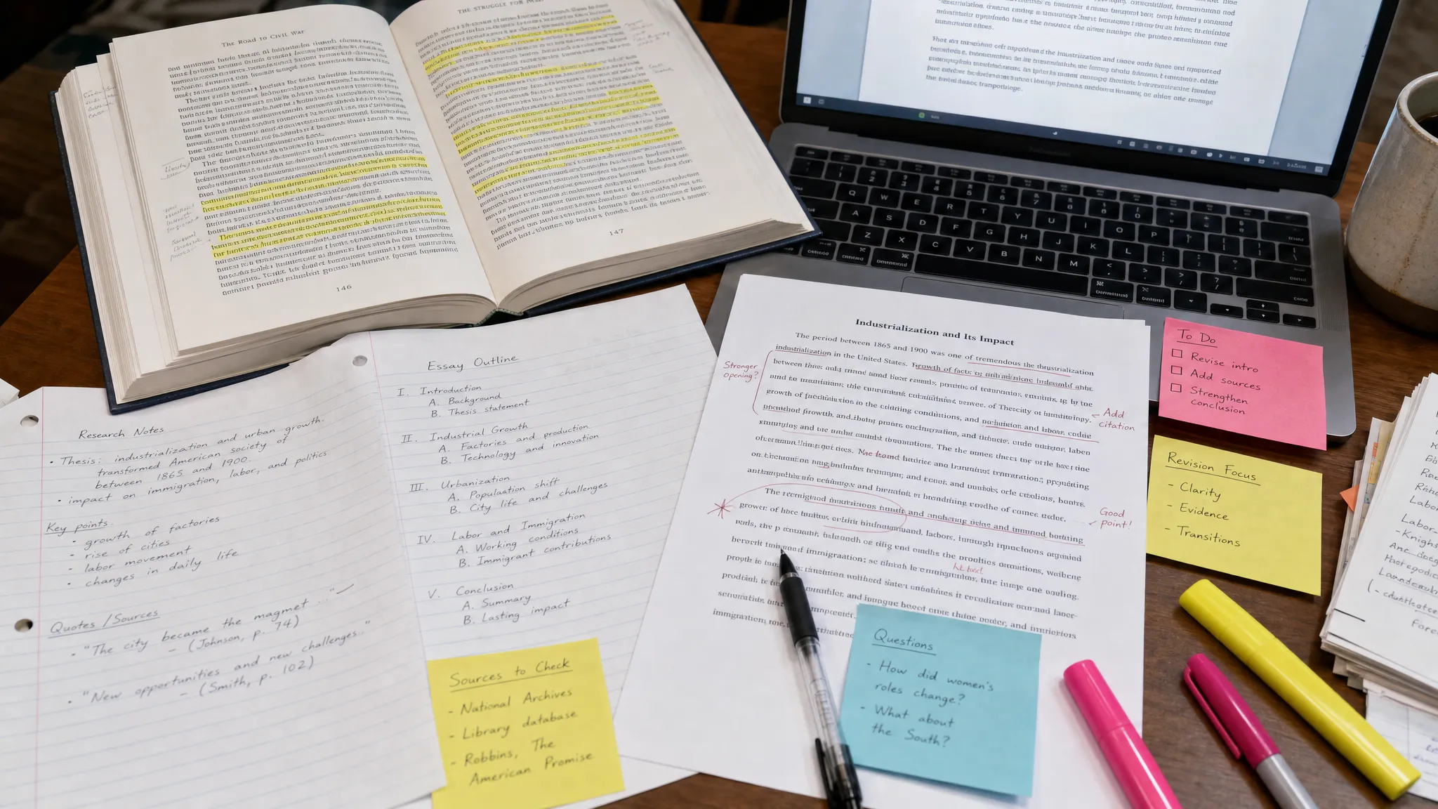 A close view of handwritten notes, highlighted source pages, printed essay drafts, and sticky notes spread across a desk beside a laptop, showing the writing process from research to revision.