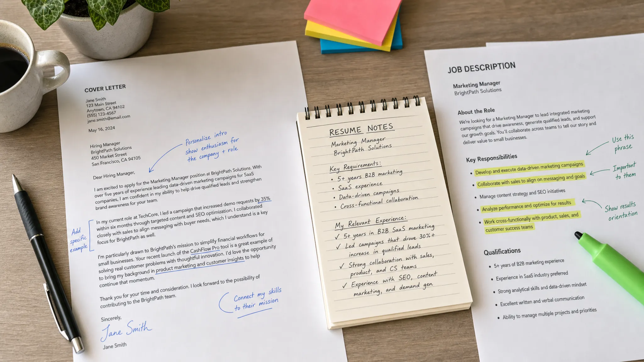 A desk with a printed cover letter, resume notes, and a highlighted job description, showing handwritten edits that make the application more specific and personal.