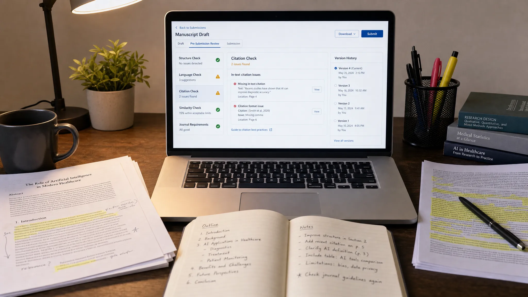 A desk workspace with printed notes, an open notebook, highlighted source pages, and a laptop facing the camera with a writing draft on the screen, showing organized pre-submission review, version history, and citation checking.