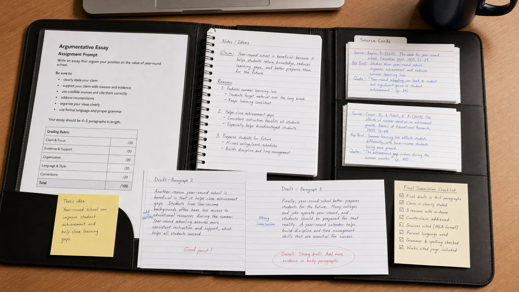 A neatly organized writing folder with a printed assignment prompt, handwritten notes, source cards, draft pages with revisions, and a final submission checklist spread across a desk.