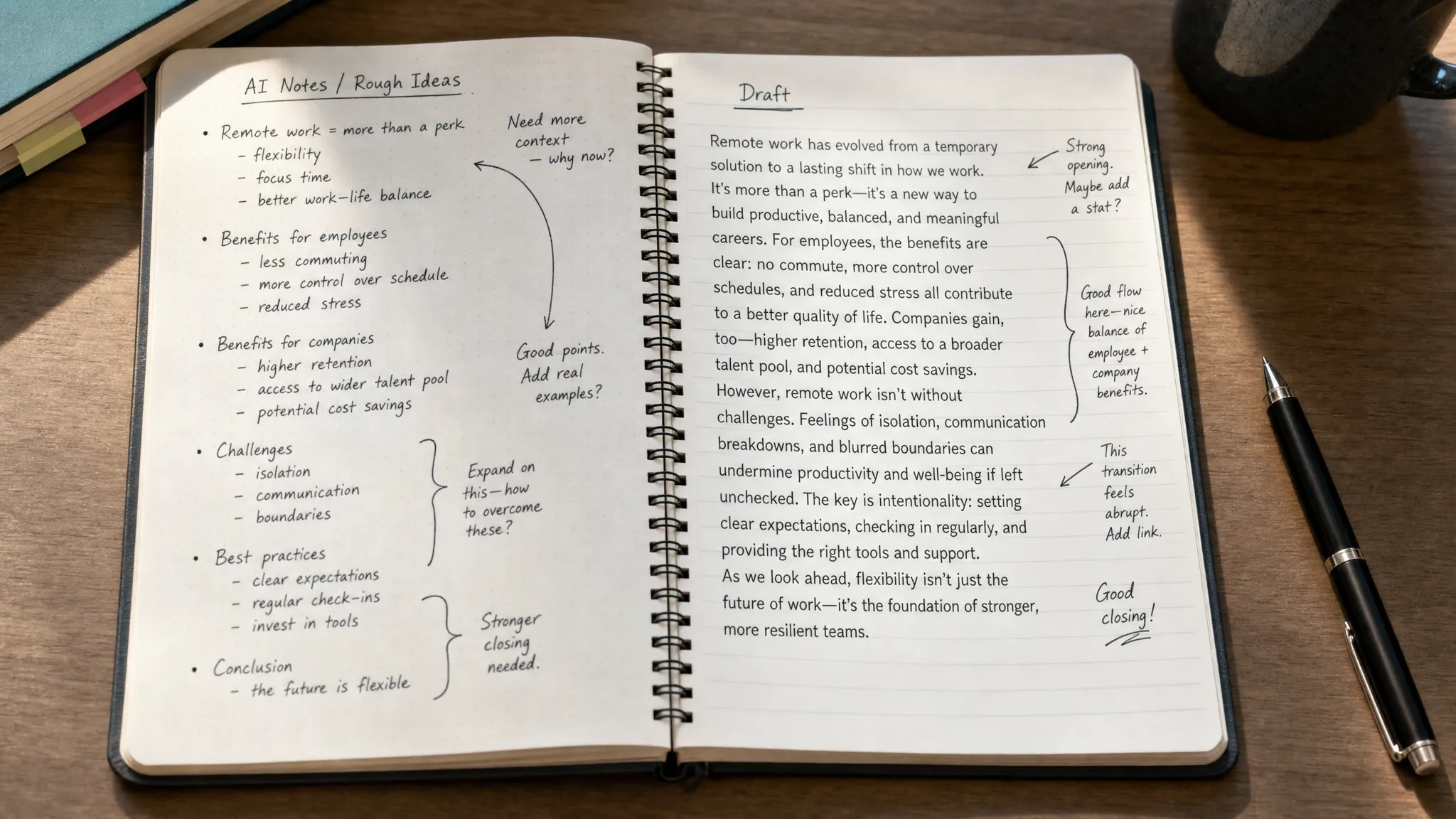 A notebook spread on a desk shows rough AI-style bullet points on one page and a polished paragraph draft on the other, with handwritten arrows linking related ideas, margin notes about context and transitions, and a pen resting nearby.
