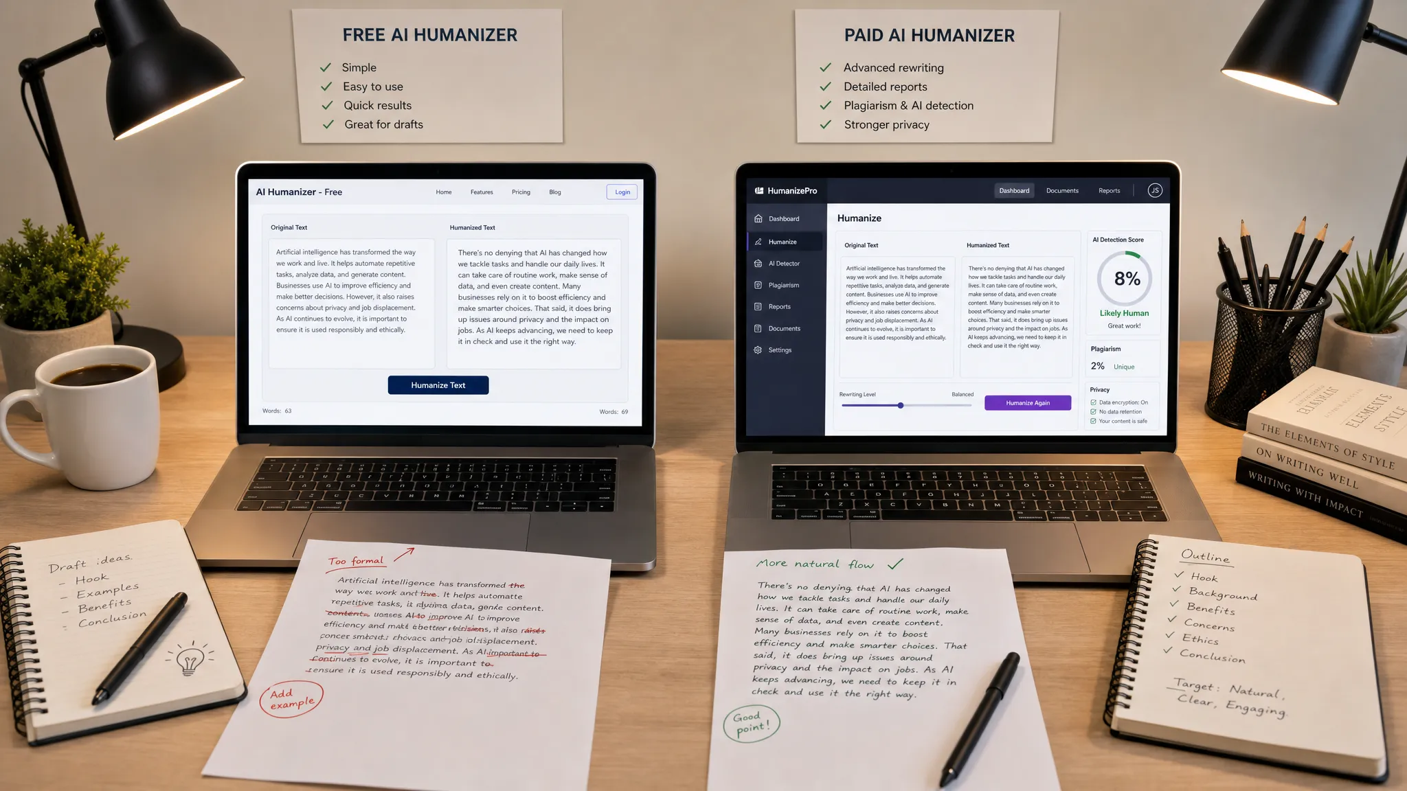 A split desk setup showing two writing workflows side by side: a free AI humanizer on one laptop with a simple rewrite page, and a paid tool on the other with reports, controls, and privacy notes, with notebooks and edited pages arranged around them.