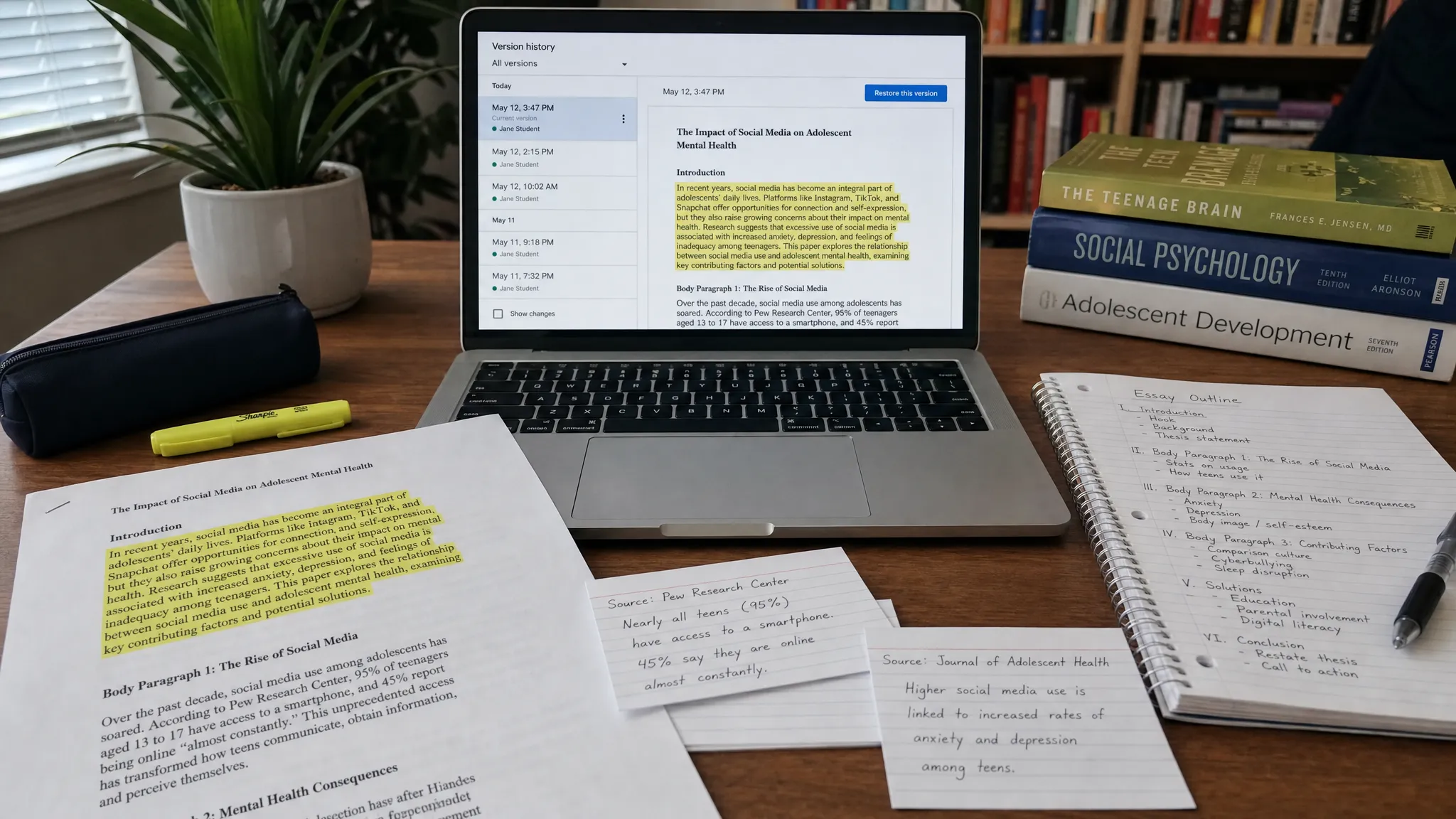 A student desk with a printed essay draft, the introduction paragraph highlighted, handwritten outline notes, source cards, and a laptop open to a document revision history screen facing the camera.
