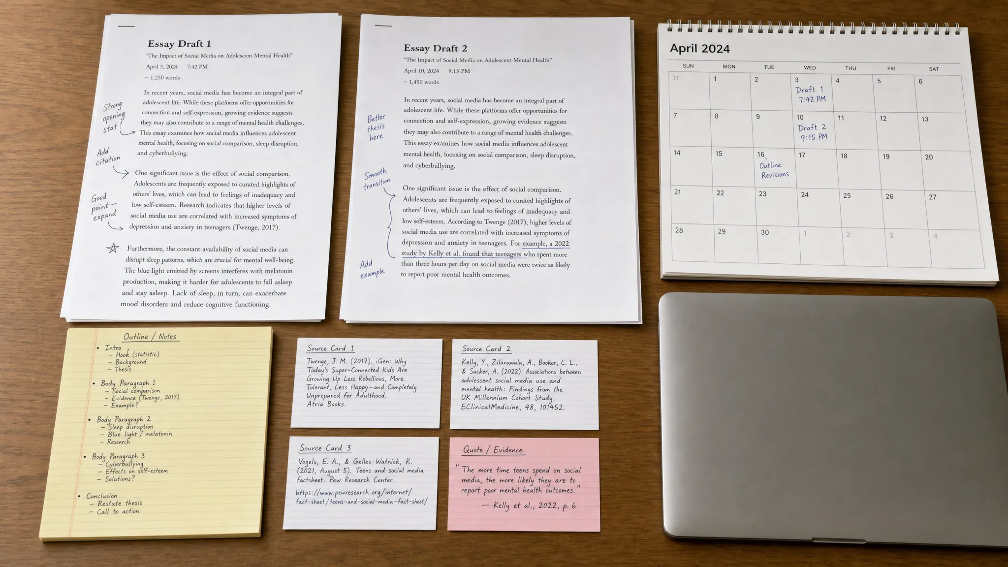 A tabletop view of printed essay drafts, handwritten notes, source cards, a calendar, and a closed laptop, arranged as an organized authorship evidence packet for a writing dispute.