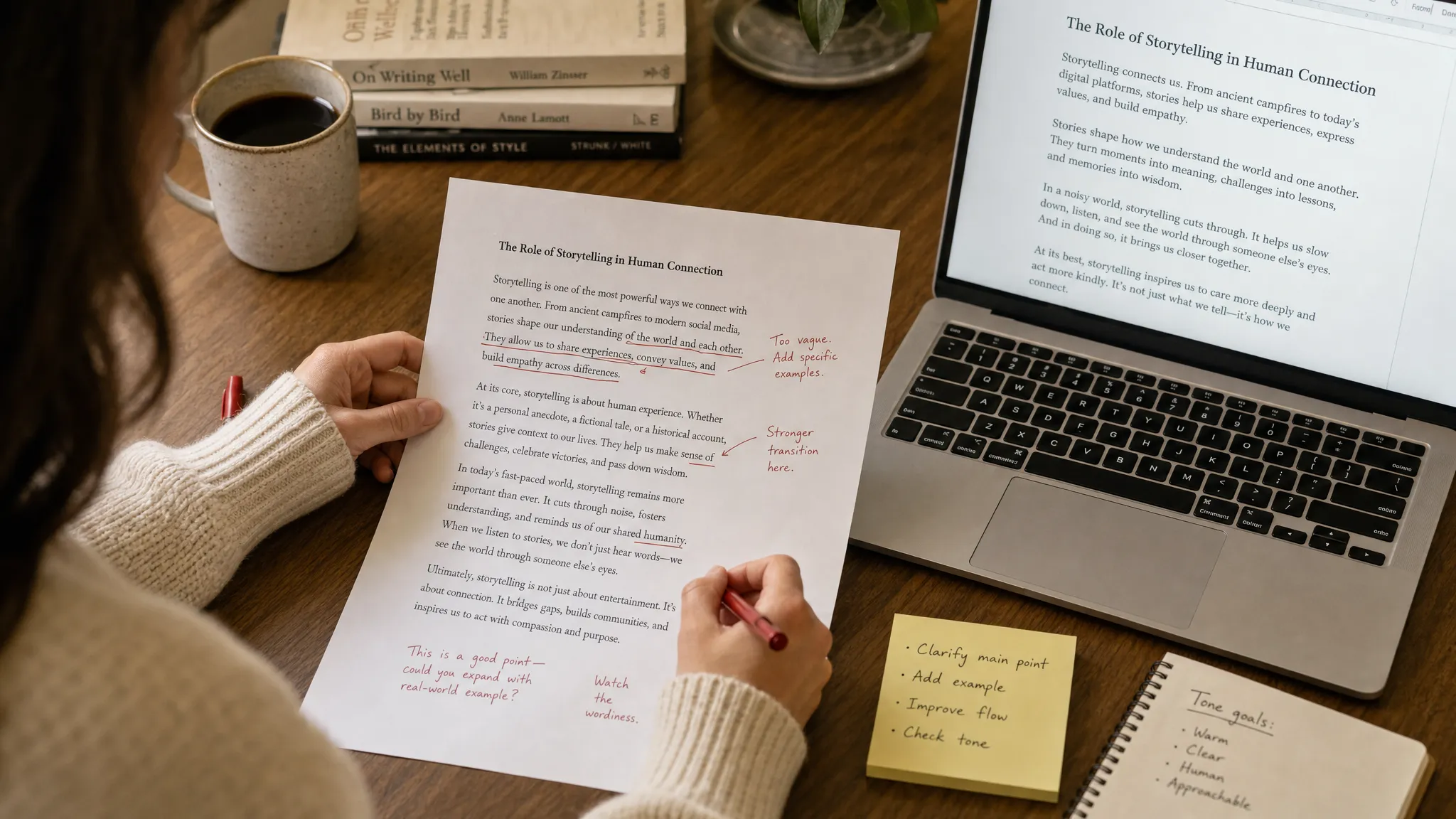 A writer editing printed AI-generated text at a desk, with marked-up paragraphs, handwritten notes about tone and specificity, and a laptop nearby showing a clean draft on screen.
