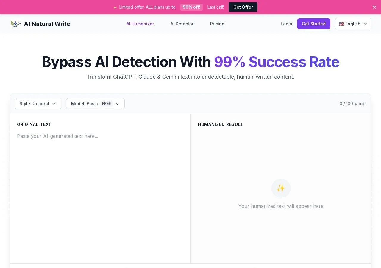 AI Natural Write homepage humanizer interface