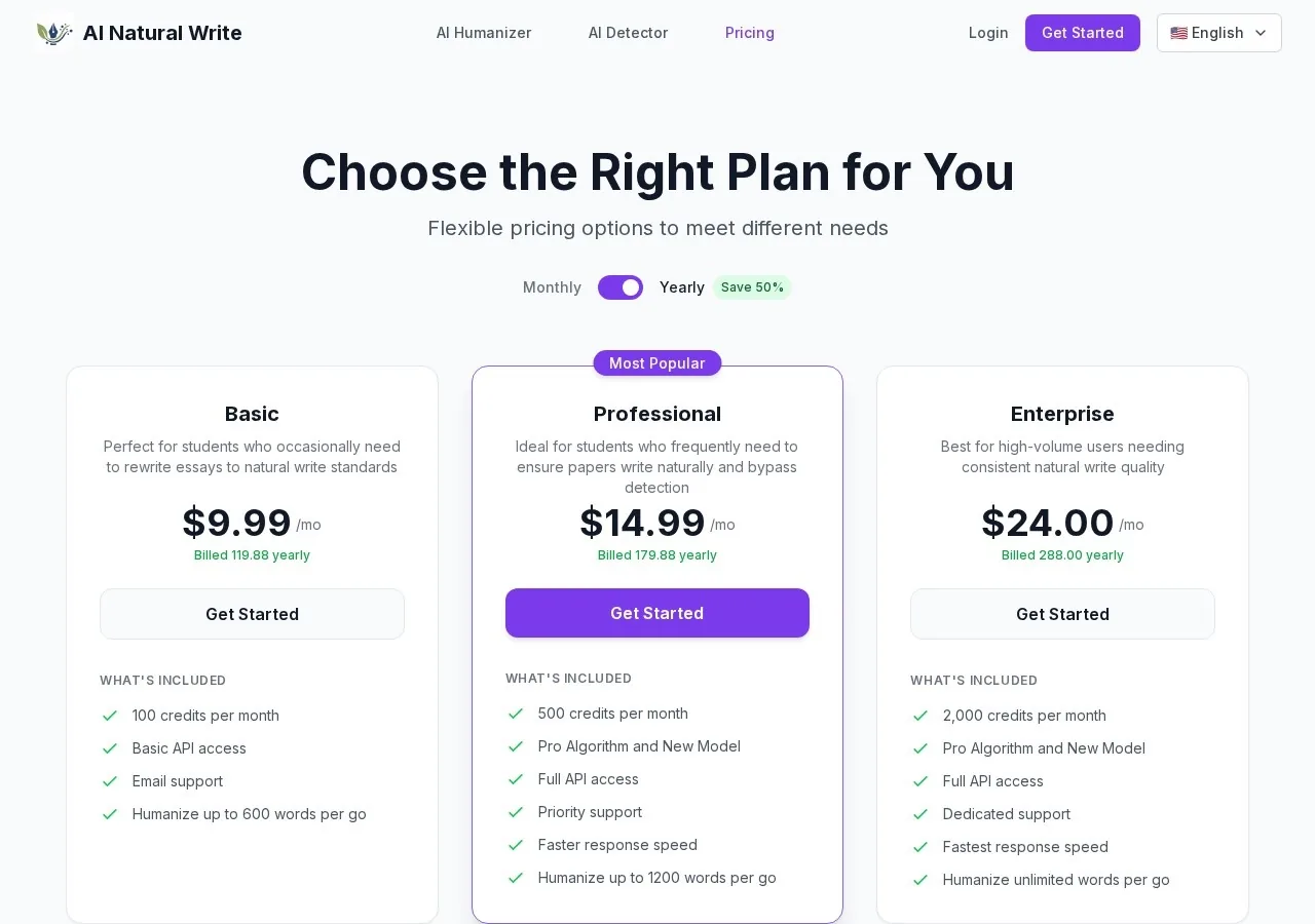 AI Natural Write pricing page screenshot