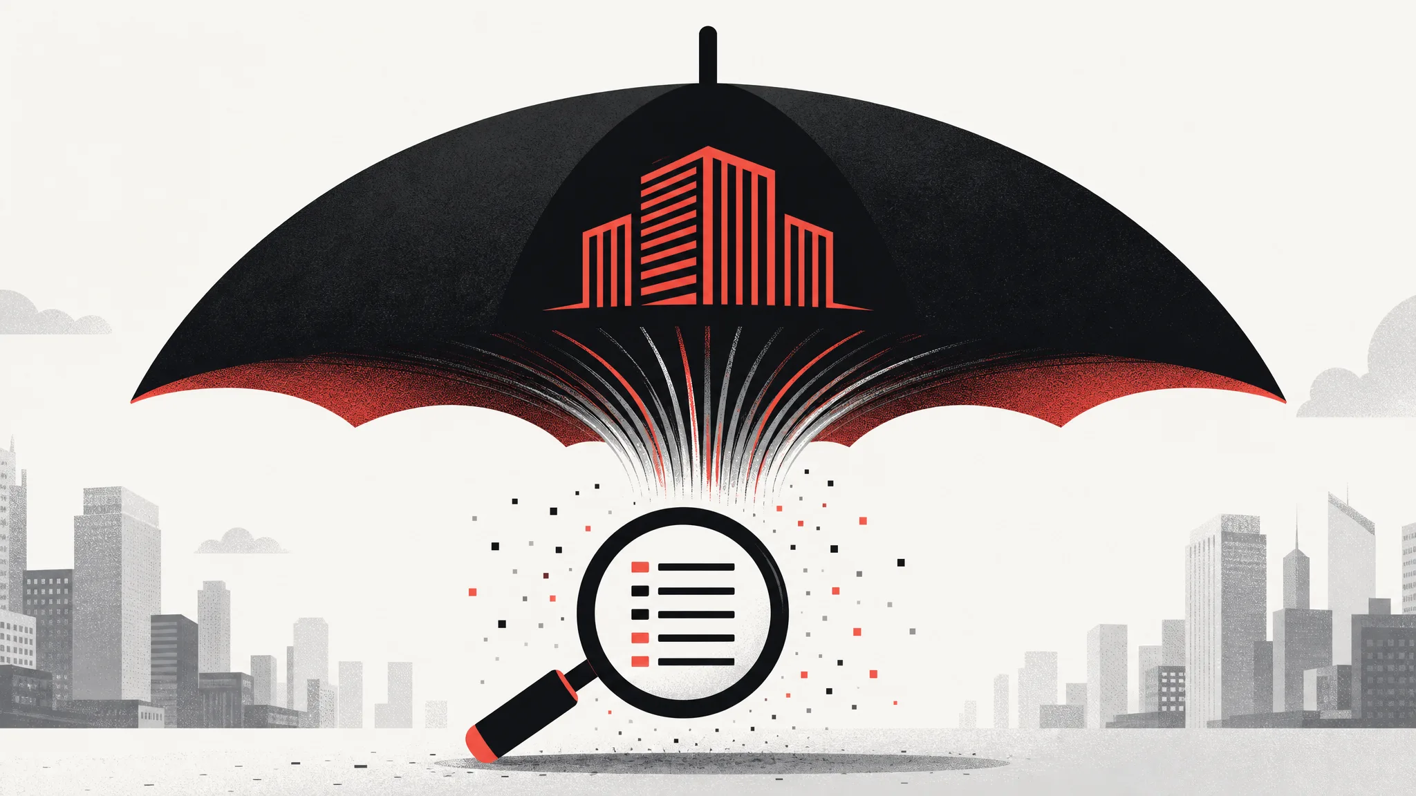 Conceptual illustration of a corporate umbrella absorbing an AI text detector