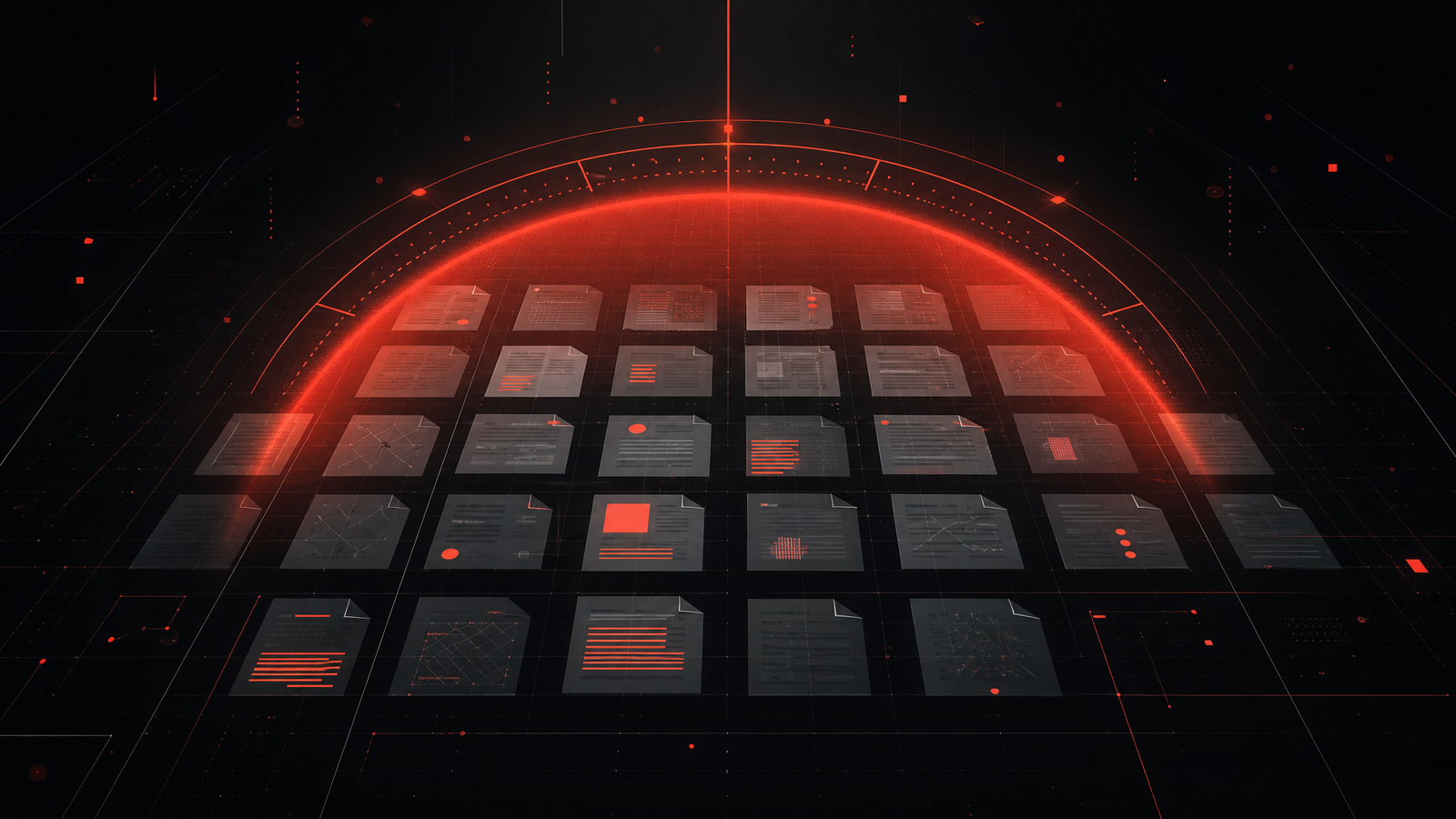 A grid of student documents monitored by a red scanning arc — editorial illustration