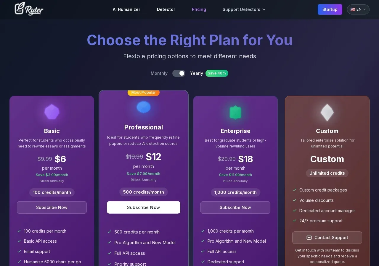 Ryter Pro pricing page screenshot