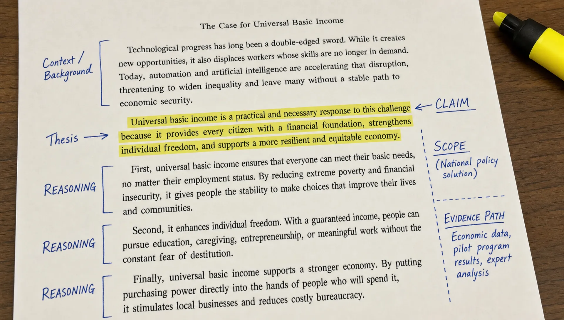 A close-up view of an essay introduction with the thesis statement highlighted, surrounded by margin notes identifying the claim, scope, reasoning, and evidence path.