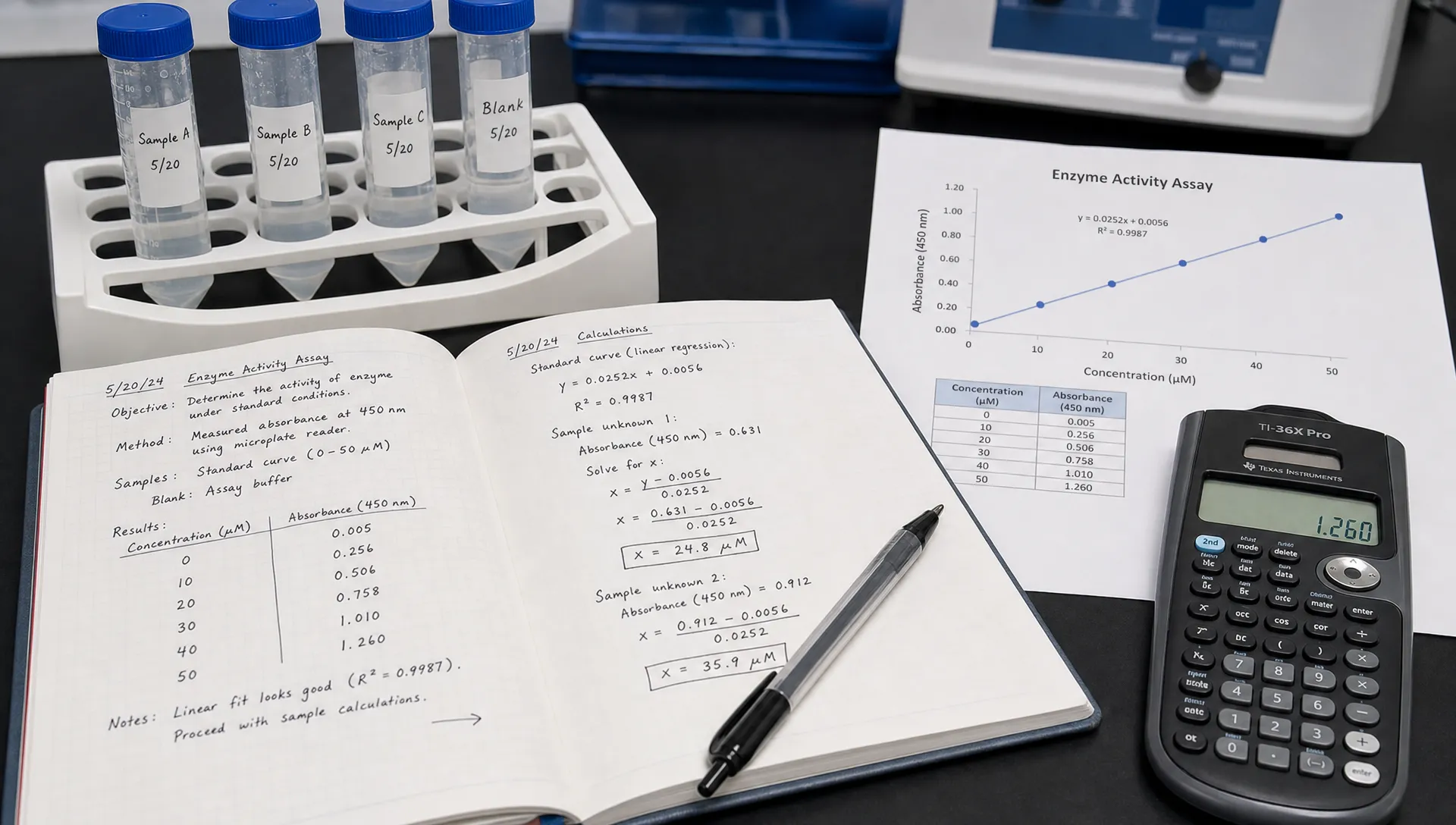 A lab notebook open beside labeled sample tubes, a calculator, and a printed graph, showing a careful workflow for preserving measurements while editing a lab report.