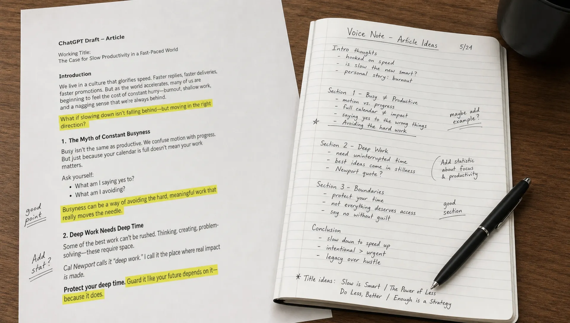 A printed ChatGPT draft beside a notebook of handwritten voice notes, with highlighted sentences, margin edits, and a pen on a desk.