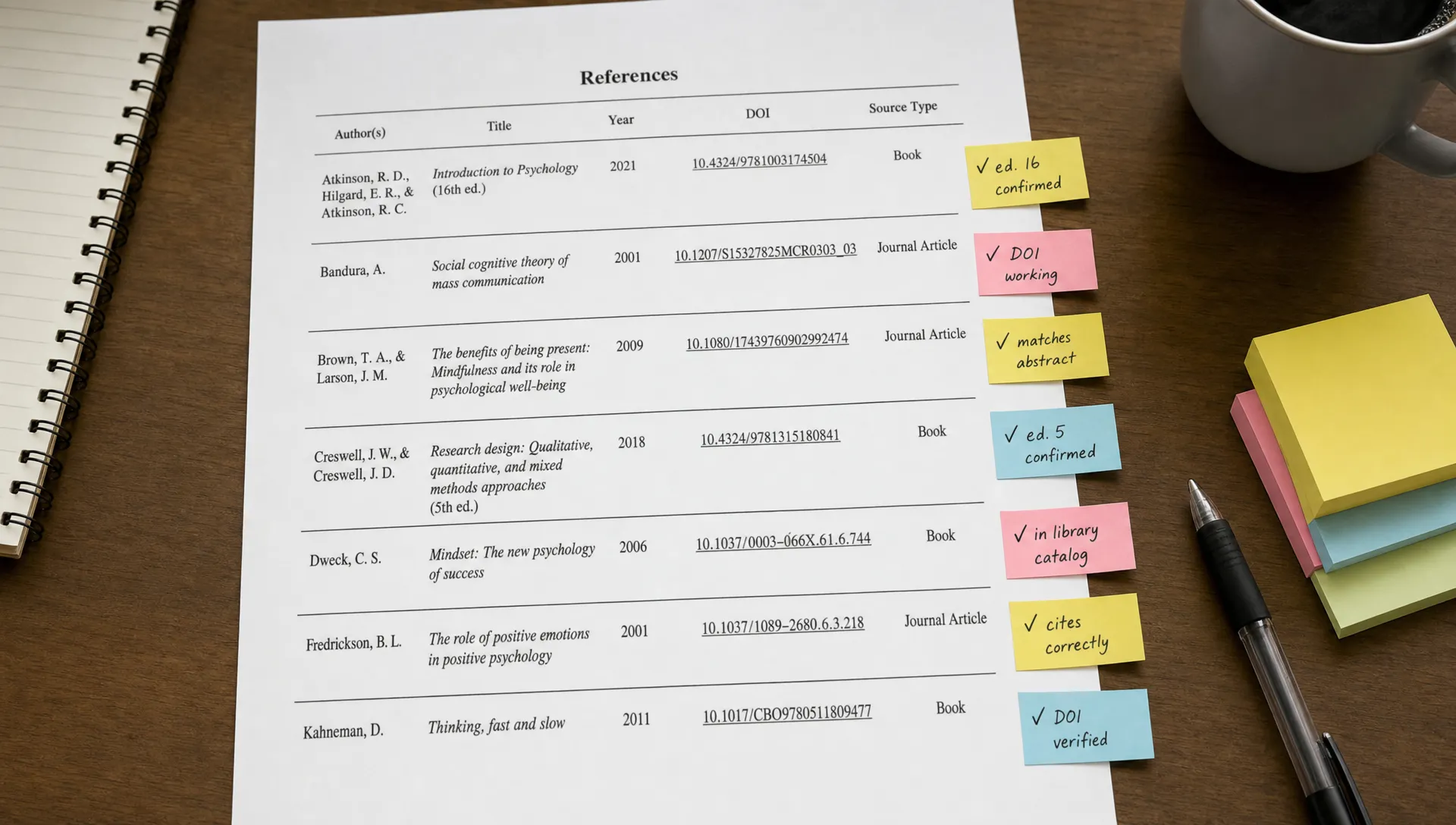 A printed references page on a desk with sticky notes beside author names, titles, DOI strings, and source types, showing a careful citation-checking workflow.