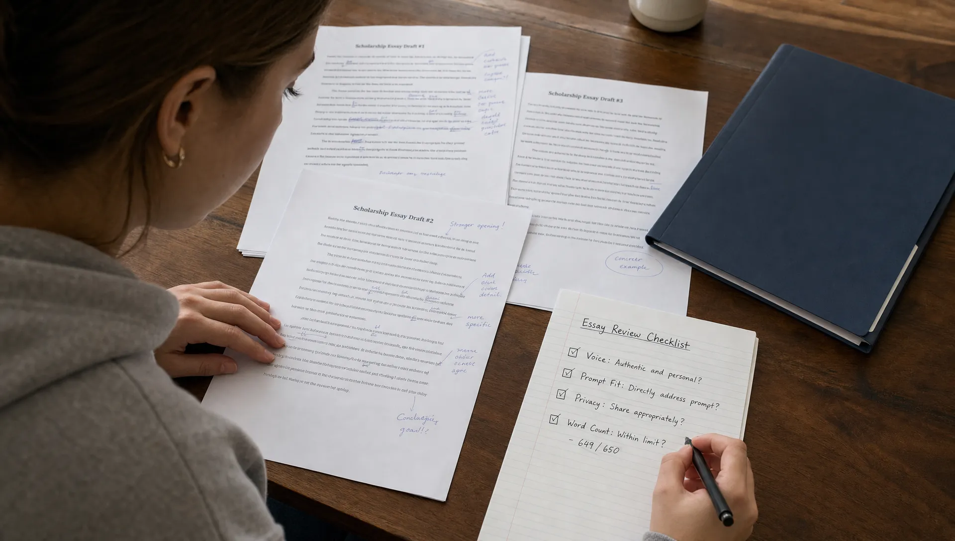 A scholarship applicant reviewing printed essay drafts on a table with handwritten notes, a checklist for voice, prompt fit, privacy, and word count, and a closed folder nearby.