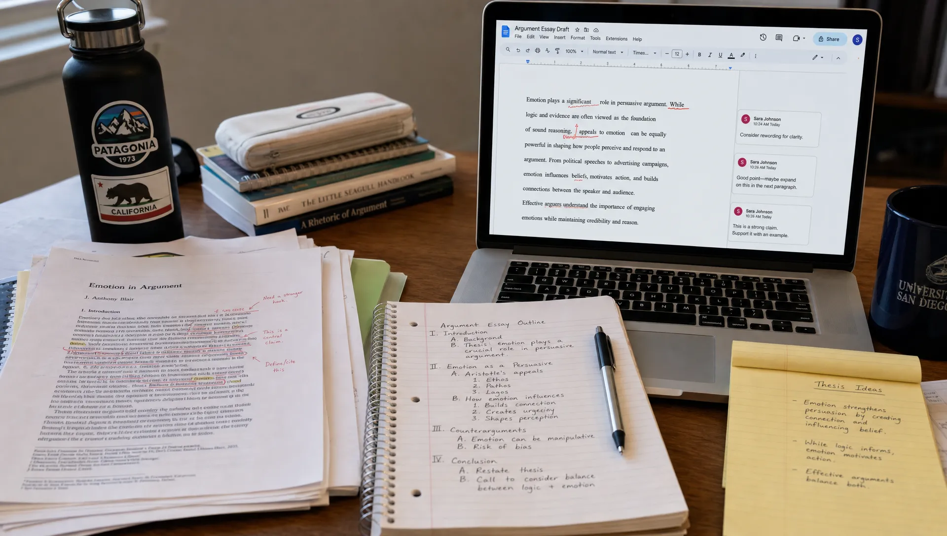 A student desk with notebooks, printed research articles, handwritten outlines, and an open laptop showing a writing document with visible edits and revision notes.