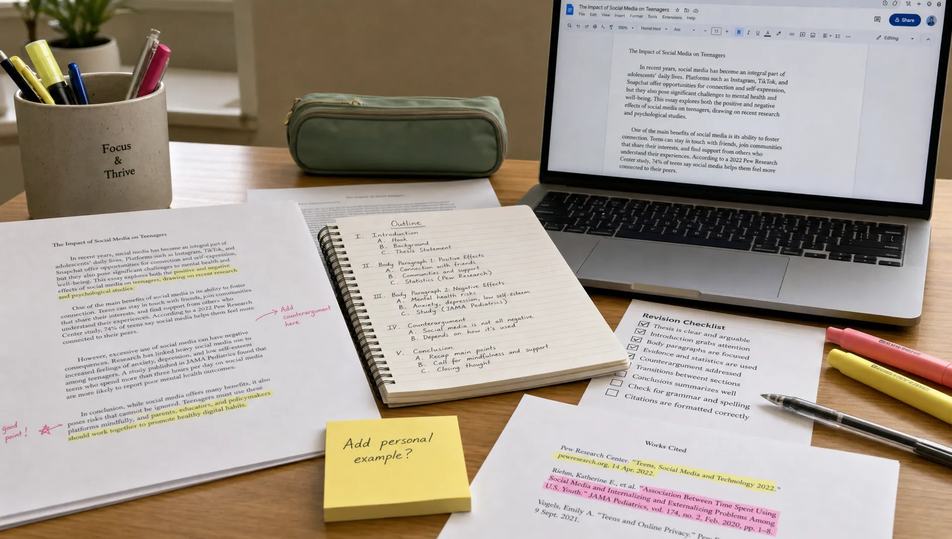 A student desk with printed essay pages, handwritten outline notes, highlighted citations, a revision checklist, and a laptop placed to the side with its screen facing the student.