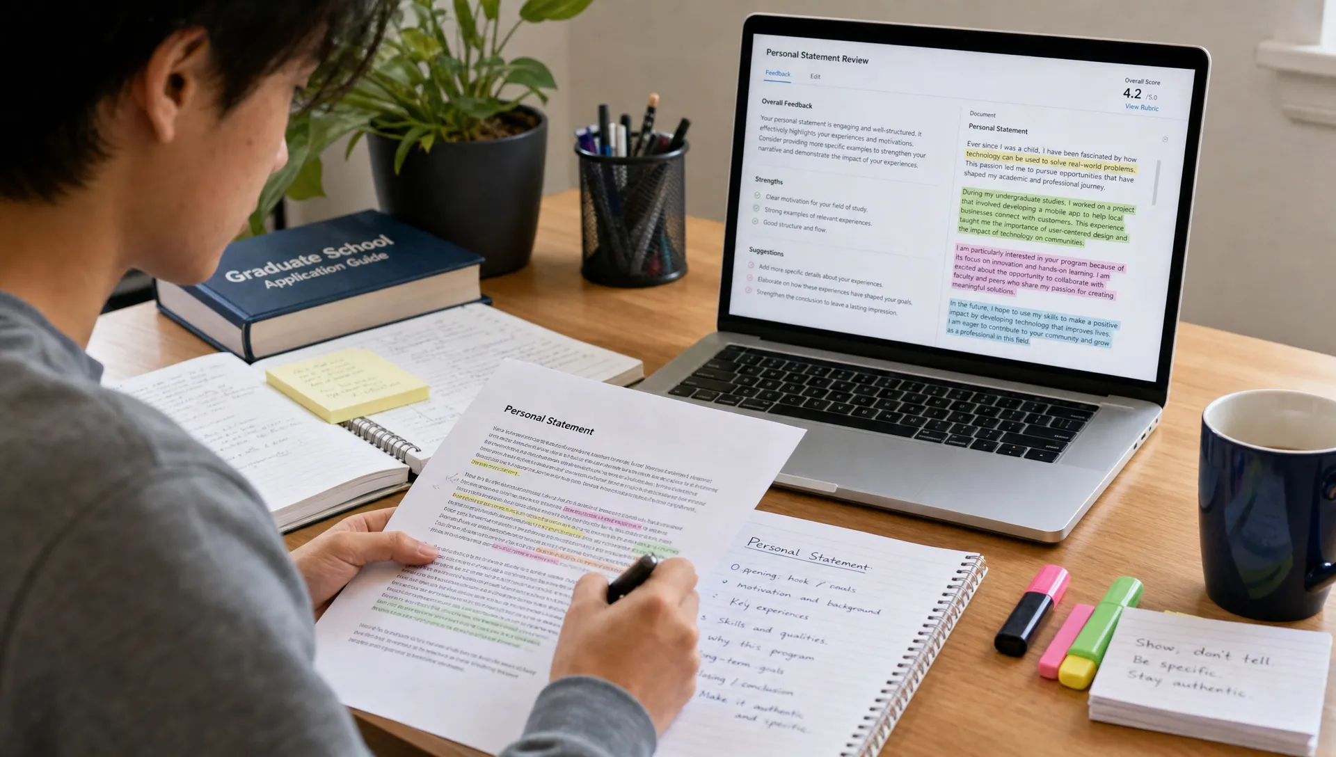 A student revising a personal statement at a desk with notes, highlighted paragraphs, and a laptop nearby with a text review interface facing the camera.