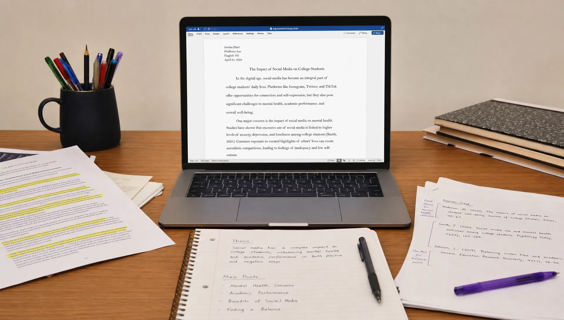 A student’s desk with printed essay drafts, highlighted source pages, handwritten notes, and a laptop showing a clean document draft on the screen facing the camera with nothing displayed behind it.
