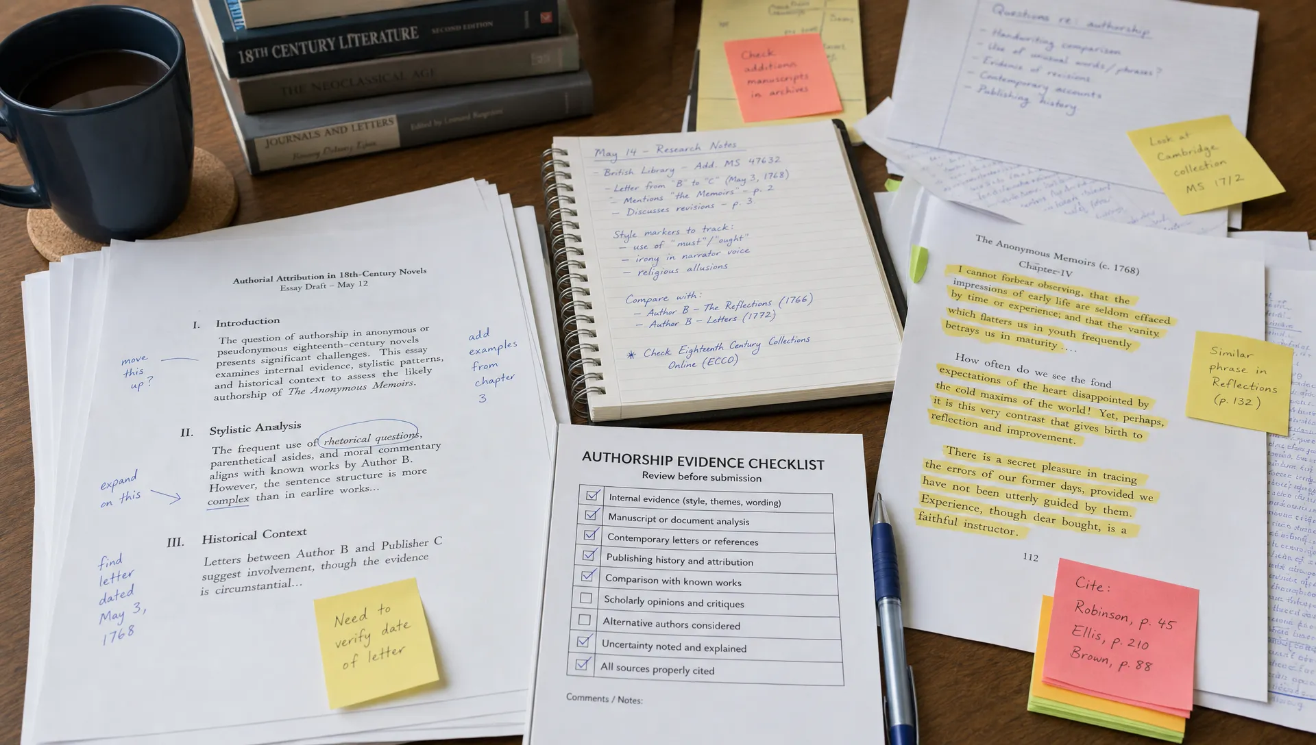 A table covered with printed essay drafts, handwritten research notes, highlighted source pages, sticky notes, and a checklist for reviewing authorship evidence before submission.