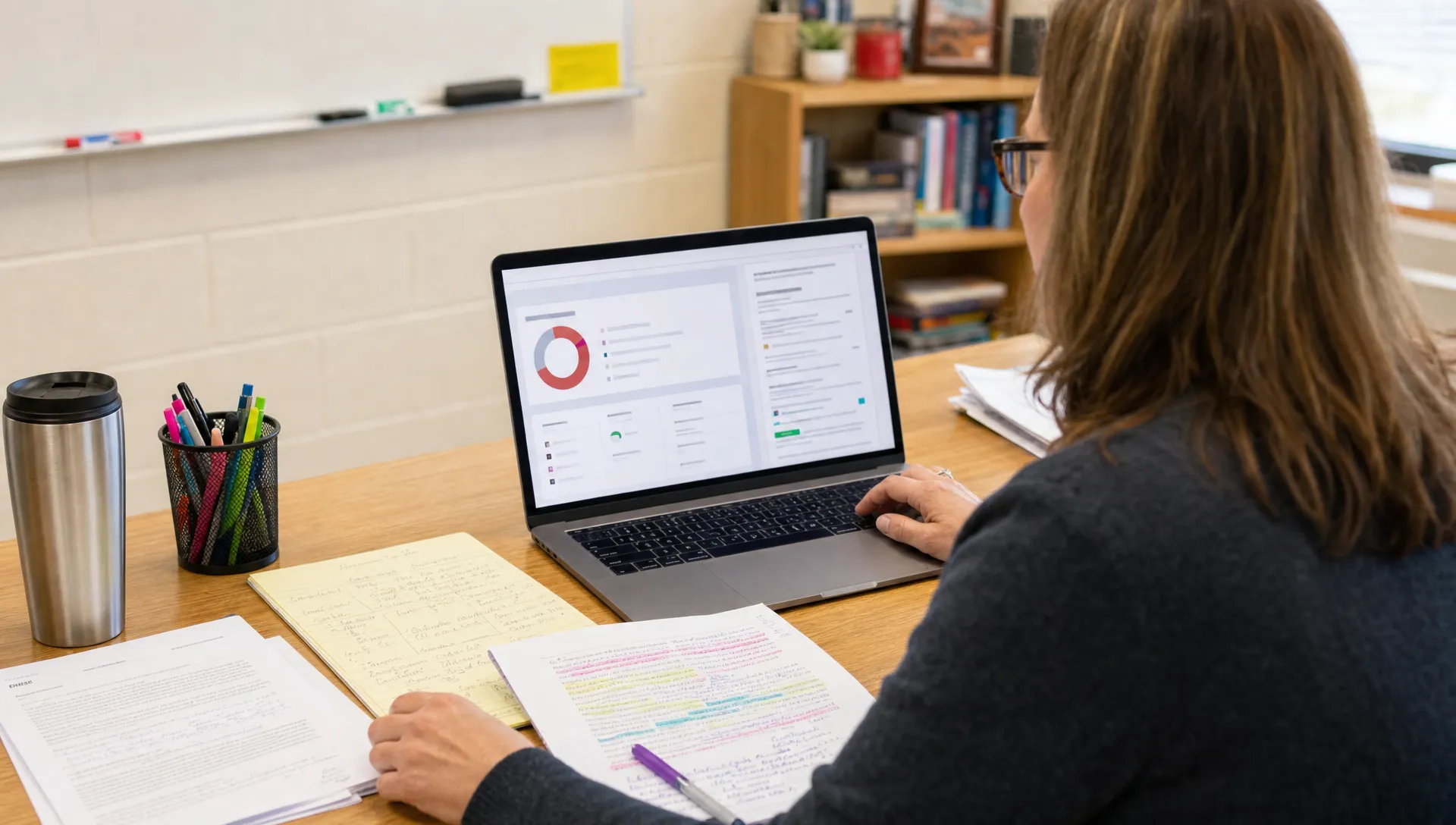 A teacher reviews an academic integrity report on a laptop beside printed student drafts, rubric notes, and highlighted essay pages on a desk. The laptop screen faces the teacher and shows a generic report layout without readable text.