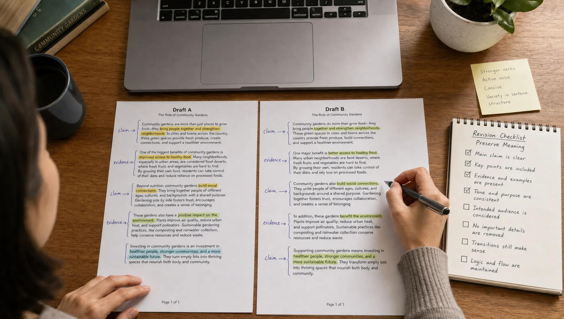 A writer comparing two versions of the same document side by side on a desk, with highlighted phrases, handwritten notes marking claims and evidence, and a checklist for preserving meaning during revision.