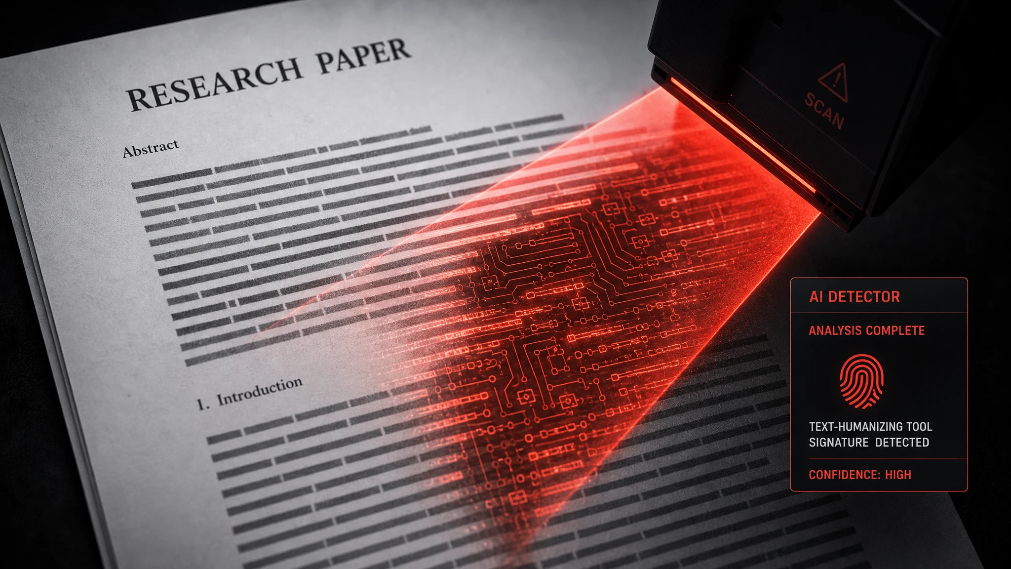 AI detector scanning a research paper for signs of an academic AI humanizer