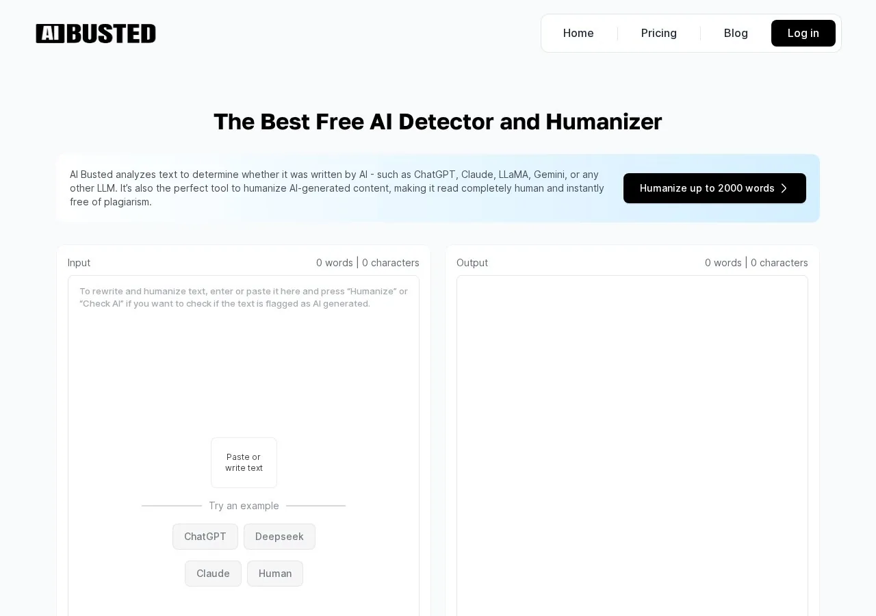 AI Busted homepage — free AI detector and humanizer input screen