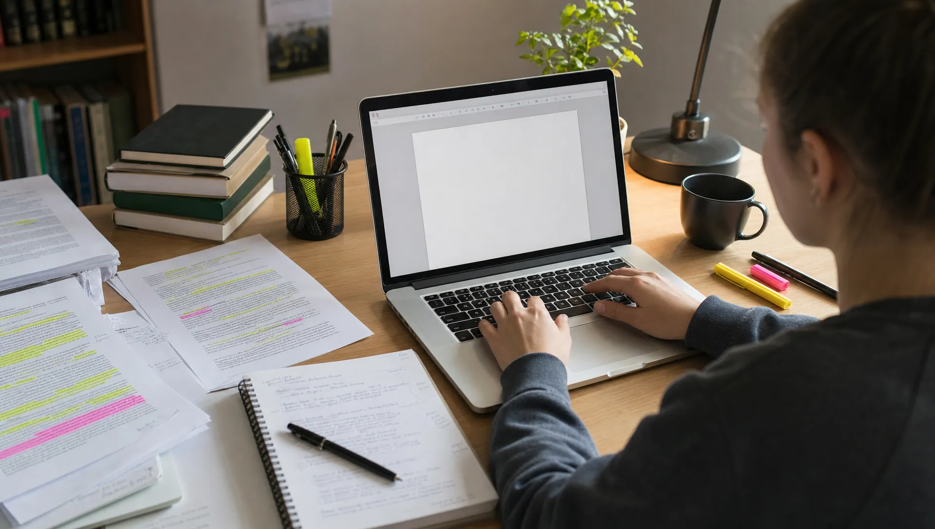An essay revision workspace on a desk with printed source notes, highlighted paragraphs, and a laptop screen facing the student, showing a plain document editor with no readable text.
