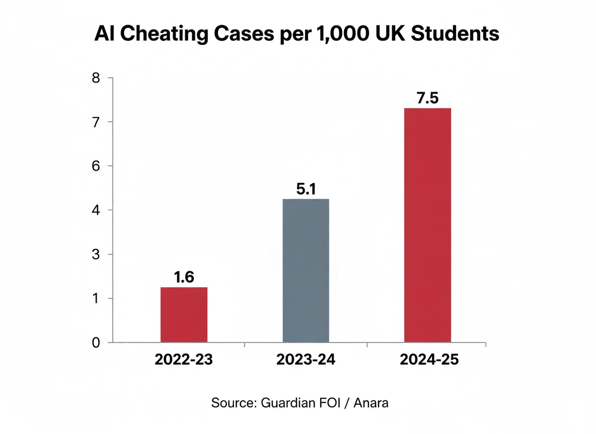 Comparison chart: UK AI misconduct cases per 1,000 students rising 2022 to 2025